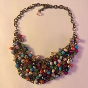 🌟FREE🌟 Multicolor Rainbow Glass Beaded Statement Bib Necklace Brass Gold Chain